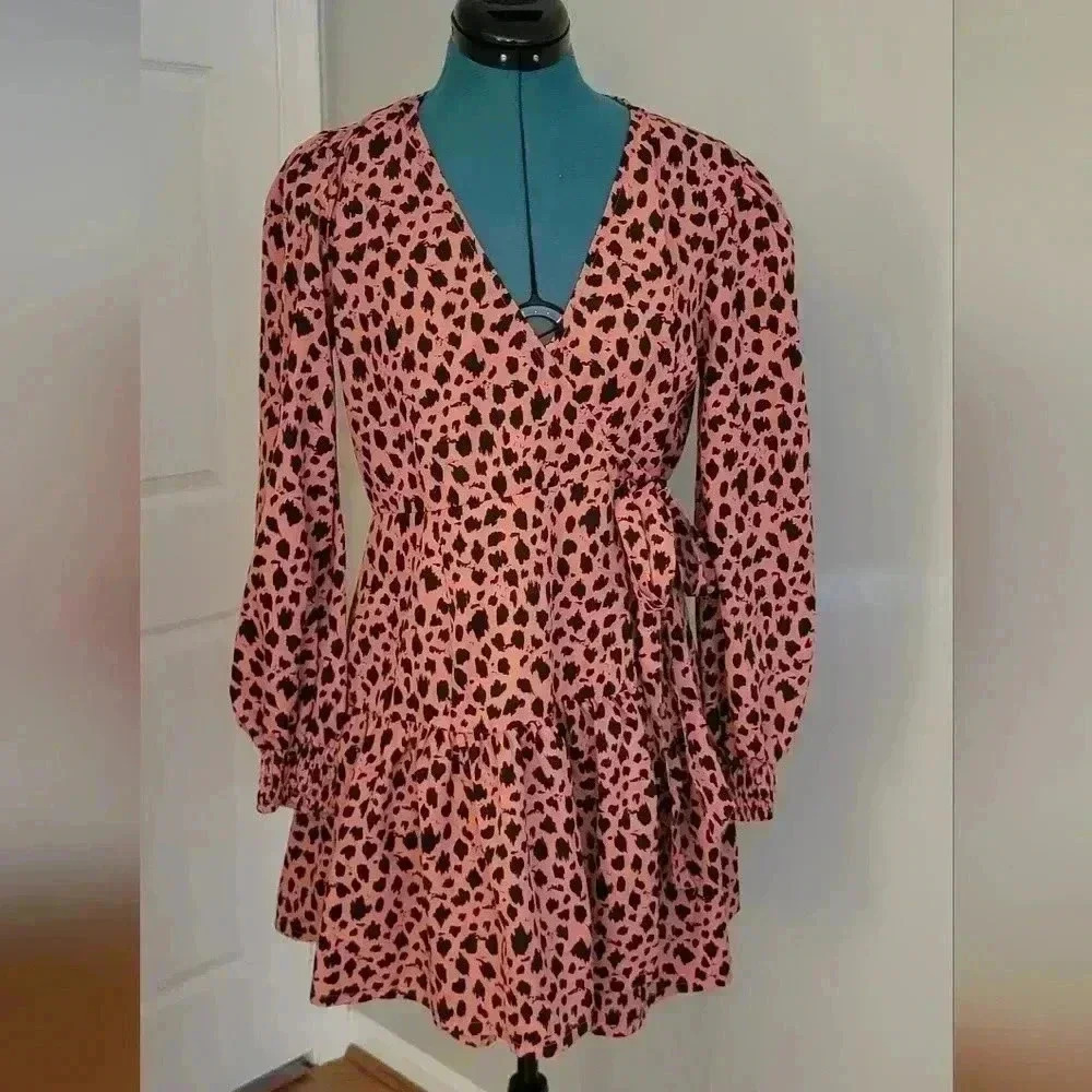 Influence Pink Leopard Wrap Dress Size 12 UK (US 8)